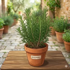 Woody rosemary sprigs growing in a pot, known for being a hardy italian herb plants.