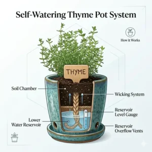 A detailed diagram of a self-watering system for those who buy herb pots online.