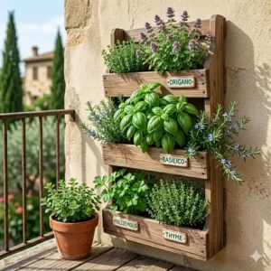 A space-saving vertical italian herb garden design using a wooden wall planter for urban balconies.