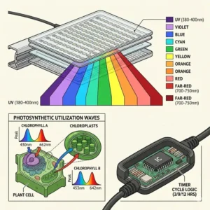 Scientific diagram explaining the full spectrum wavelength emitted by LED plant lights with timer for indoor growth.