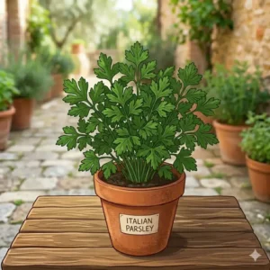 Fresh flat-leaf parsley growing in a home garden, a versatile choice for italian herb plants.