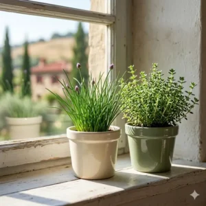 A sunny kitchen windowsill with small ceramic pots containing chives and thyme, perfect for an indoor italian herb garden.