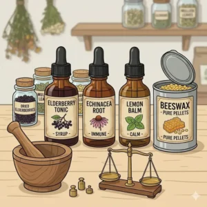 DIY apothecary style herbal kits with amber tincture bottles, beeswax, and dried elderberries.