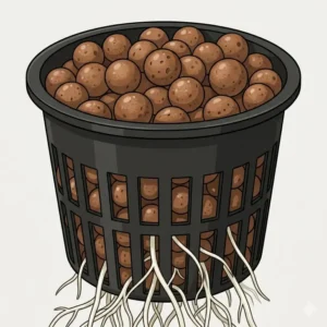 A black net pot filled with expanded clay pebbles for a hydro dwc system.