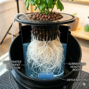 Close-up of healthy white plant roots growing inside a professional deep water culture kit.