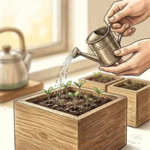 A person using a small metal watering can to maintain the moisture in their kitchen herb grow kits.