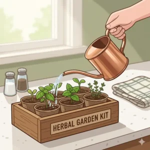 A small watering can gently hydrating the young green sprouts inside a herbal garden kit.