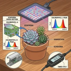 A collection of small succulents on a desk being illuminated by compact clip-on plant lights with timer.