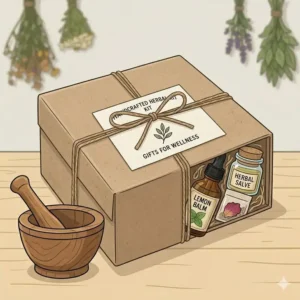 Beautifully packaged handcrafted herbal kits gift box with a personalized label and ribbon.