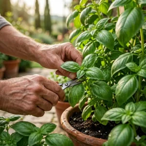 A gardener’s hands carefully pruning fresh basil leaves from a healthy plant in an italian herb garden.