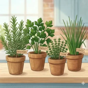 Illustration showcasing the different types of medicinal and culinary herbs found in the herbal garden kit.