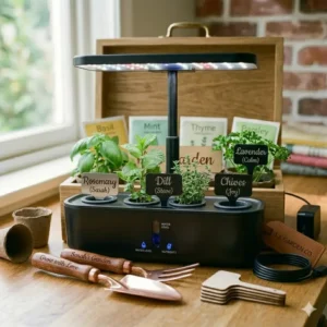 A smart technology hydroponic herb garden present with integrated LED grow lights.