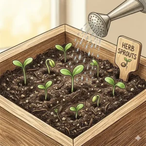 Tiny green herb sprouts beginning to germinate and grow inside the wooden pots of the herb grow kits.