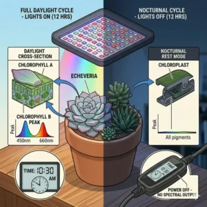 Infographic showing the automatic 24-hour day and night cycle managed by plant lights with timer.