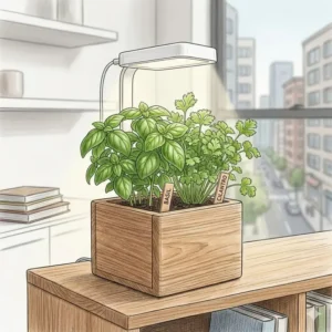 A modern apartment bookshelf setup featuring compact herb grow kits under a small LED grow light.