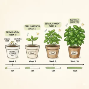 A timeline illustration displaying the various growth stages of plants within a herbal garden kit.