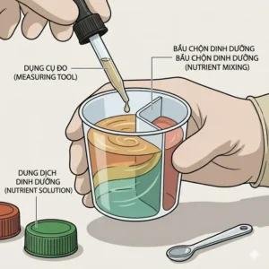 The process of mixing concentrated liquid nutrients for a hydro dwc system.