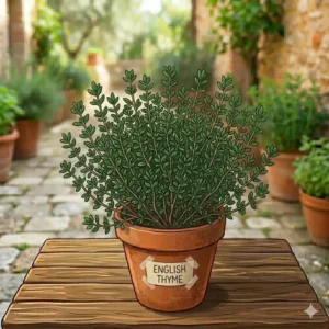 A small-leafed thyme plant in a ceramic pot, essential for authentic italian herb plants seasonings.