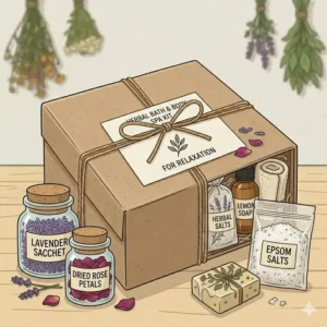 Relaxation herbal kits for bath and body containing lavender sachets and Epsom salts.