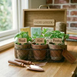 A rustic aesthetic herb garden present with terracotta pots in a decorative wire basket.
