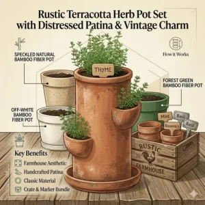 Rustic farmhouse terracotta sets offered to users who buy herb pots online.