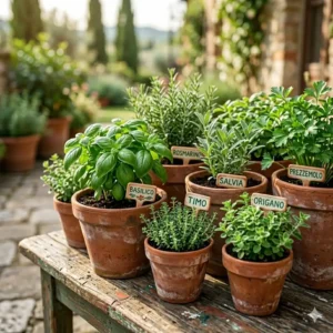An aesthetic arrangement of various sized terracotta pots labeled with herb names in a rustic italian herb garden.