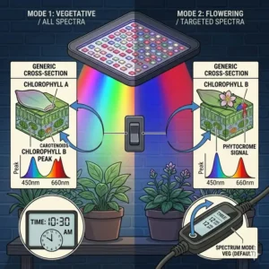 Illustration of the different light spectrum modes available on adjustable plant lights with timer.