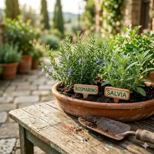 An illustrative guide showing how to group plants together based on their shared needs within an italian herb garden.