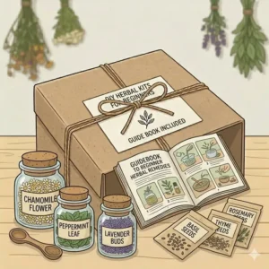 Beginner-friendly DIY herbal kits with an instructional guidebook and labeled botanical packets.