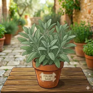 Soft, velvety silver-green sage leaves on a healthy and culinary italian herb plants.