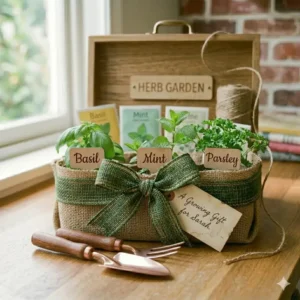A beautifully gift-wrapped herb garden present with a burlap ribbon and a gift tag.