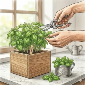 Someone using garden shears to harvest fresh organic basil leaves from their mature herb grow kits.