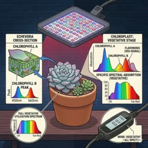 A tall fiddle leaf fig plant standing under an adjustable tripod-mounted set of plant lights with timer.