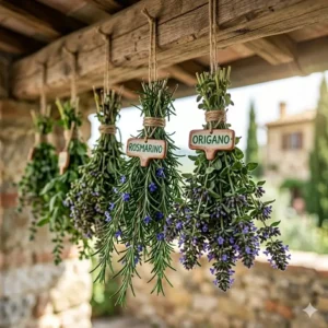 Bunches of rosemary and oregano hanging upside down to dry, a traditional method for preserving an italian herb garden harvest.