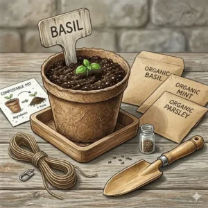 Detailed view of the sustainable and biodegradable components that make up this eco-friendly herbal garden kit.
