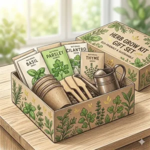 Sustainable and eco-friendly packaging for herb grow kits designed as a perfect gift for gardening lovers.