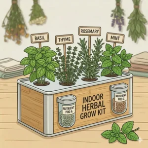 A modern indoor herbal kits setup featuring a sleek planter box and nutrient-rich soil pods.