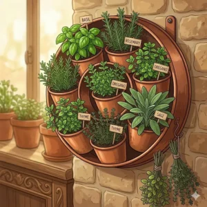 A vertical windowsill planter featuring a mix of common italian herb plants for indoor cooking.