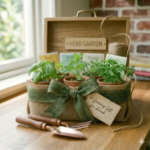 A bright kitchen windowsill herb garden present with sun-drenched fresh herbs in ceramic pots.