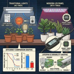 Comparison chart showing lower energy consumption and costs when using LED plant lights with timer.