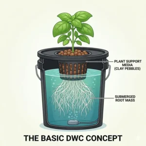 A technical cross-section diagram showing the internal components of a dwc hydroponic system kit.
