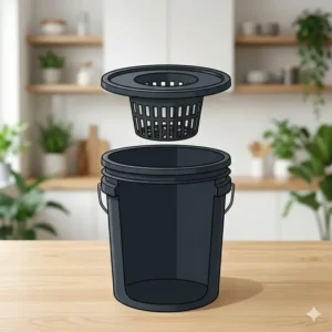 Close-up view of the 5-gallon reservoir and net pot lid assembly of a hydroponic bucket kit