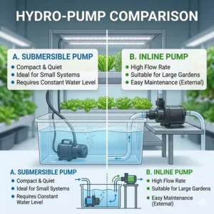 A comparison illustration between a submersible hydroponics pump and an external inline pump for nutrient reservoirs.