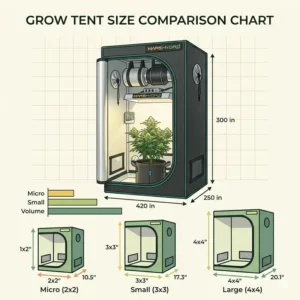 A detailed dimension chart comparing different sizes of a little grow tents for small-space indoor gardening.