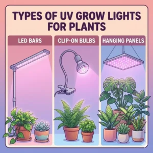 An infographic illustrating different types of uv light lamp for plants, including LED bars, clip-on bulbs, and hanging panels.