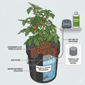 A cross-section diagram showing the internal mechanics of deep water culture hydroponic grow buckets.