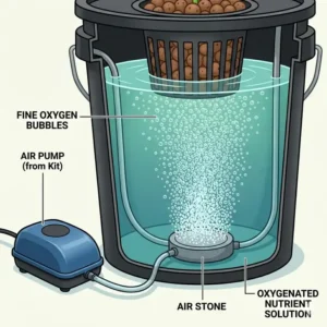 Close-up view of the air pump and oxygen bubbles inside the reservoir of a dwc hydroponic system kit.