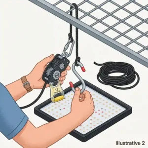 Step-by-step illustration showing how to properly install and adjust hanging grow lights using a rope ratchet system.