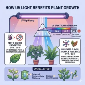A diagram showing the light spectrum wavelengths and how a uv light lamp for plants aids photosynthesis and pest prevention.