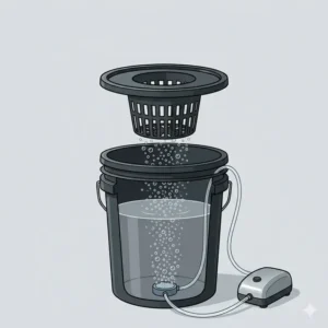 Internal diagram showing the air stone and oxygenation process inside a hydroponic bucket kit.